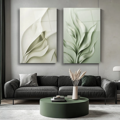 Soyut Yeşil Yapraklar İkili Set Cam Tablo
