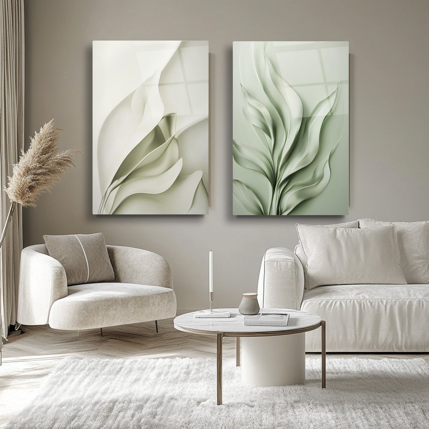 Soyut Yeşil Yapraklar İkili Set Cam Tablo