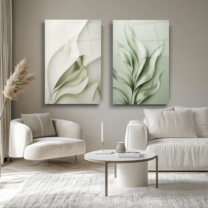 Soyut Yeşil Yapraklar İkili Set Cam Tablo