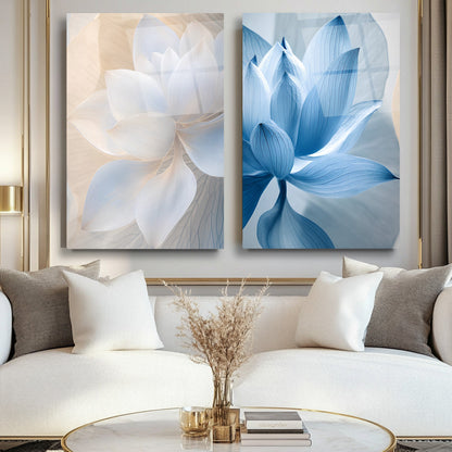 Mavi Beyaz Çiçekler İkili Set Cam Tablo