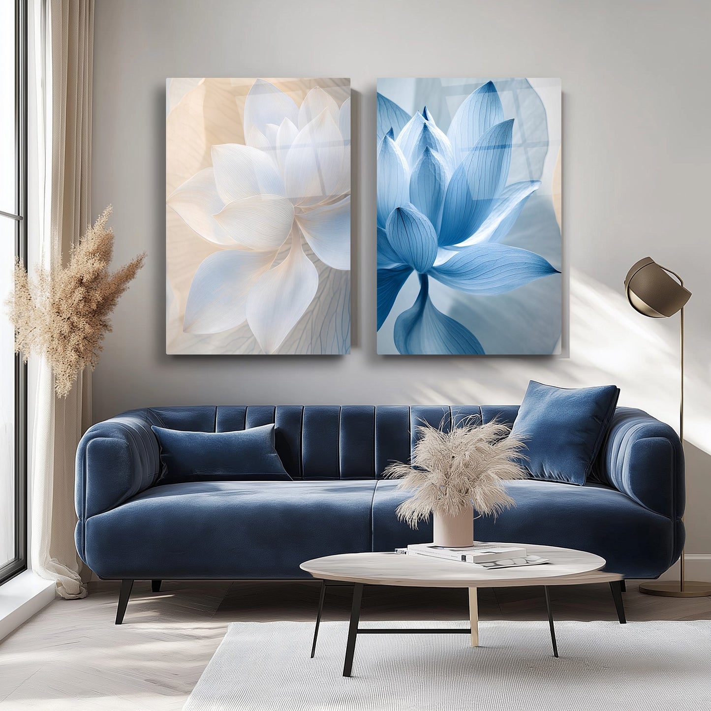 Mavi Beyaz Çiçekler İkili Set Cam Tablo