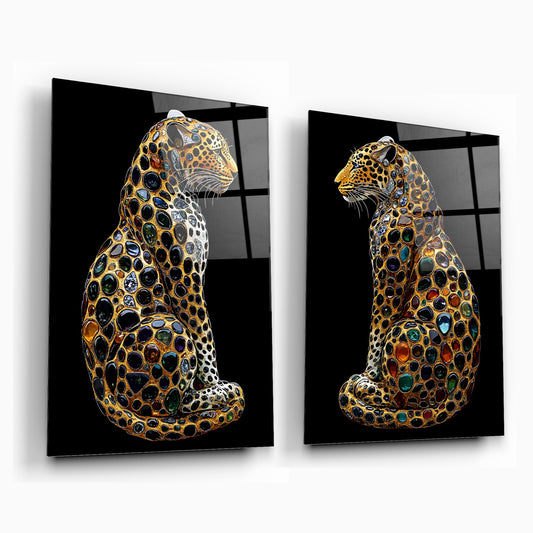 Taşlı Gold Leoparlar İkili Set Cam Tablo