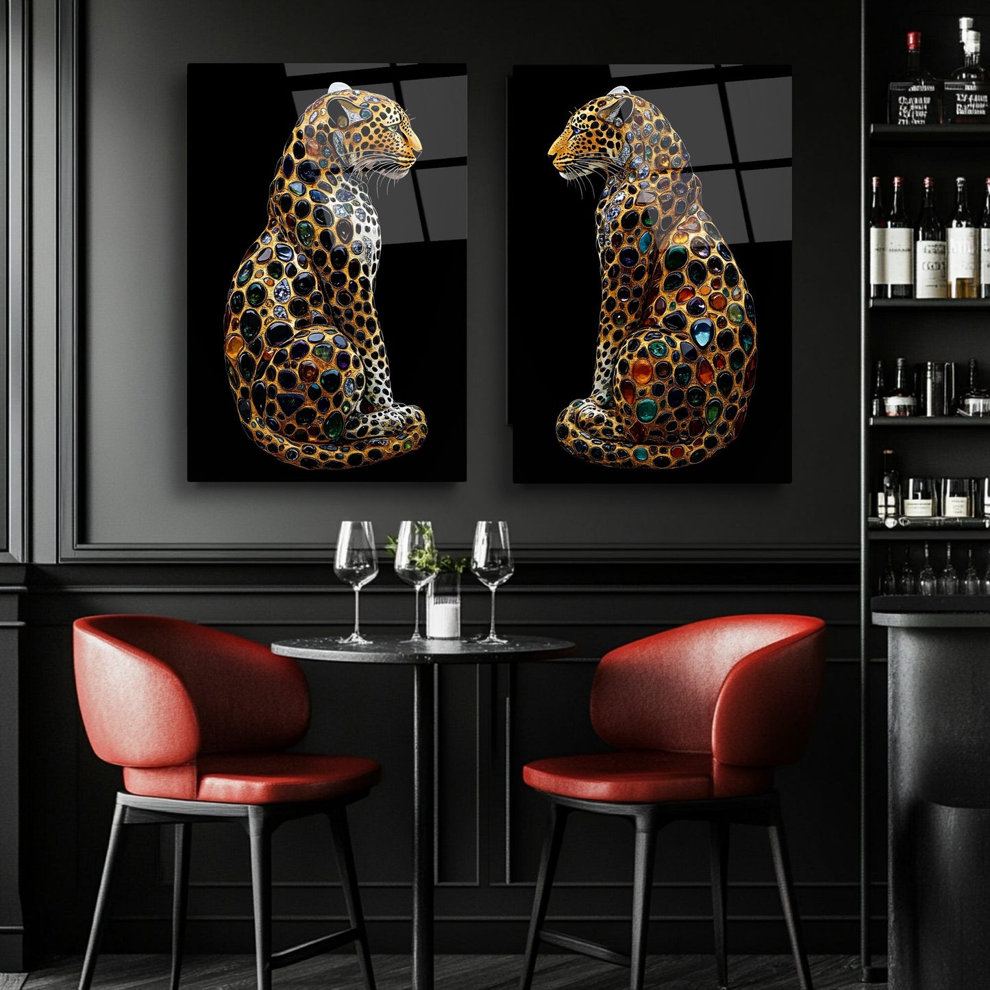 Taşlı Gold Leoparlar İkili Set Cam Tablo