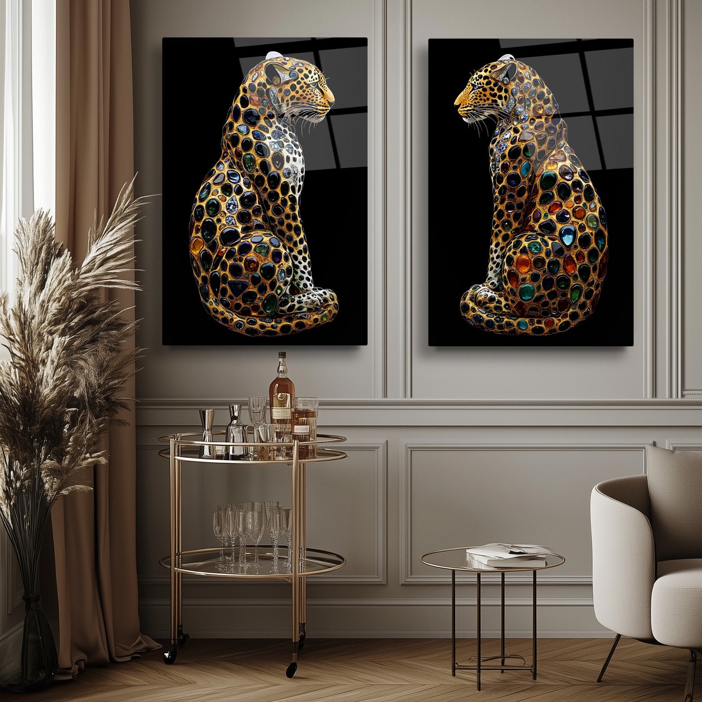 Taşlı Gold Leoparlar İkili Set Cam Tablo