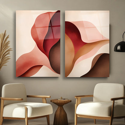 Kırmızı Soyut Yapraklar İkili Set Cam Tablo