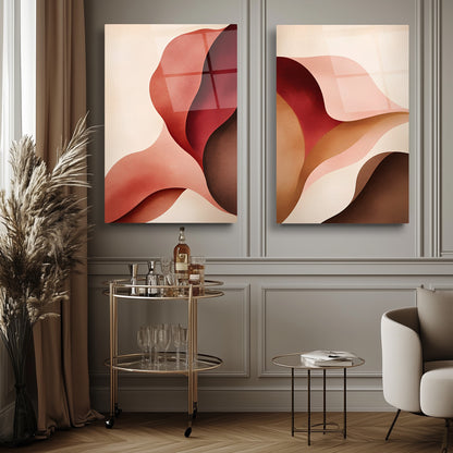 Kırmızı Soyut Yapraklar İkili Set Cam Tablo