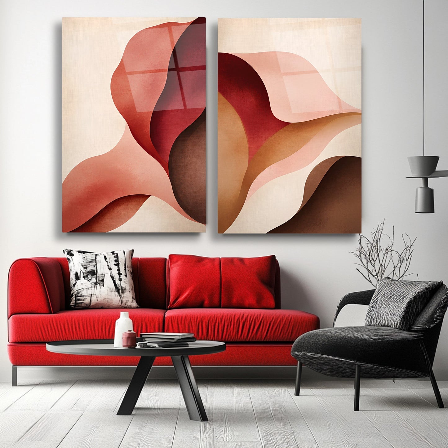 Kırmızı Soyut Yapraklar İkili Set Cam Tablo