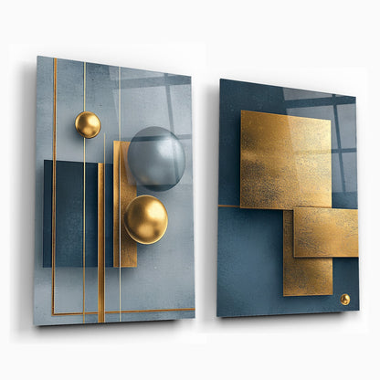 Soyut Gold Mavi İkili Set Cam Tablo