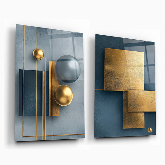 Soyut Gold Mavi İkili Set Cam Tablo