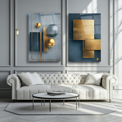 Soyut Gold Mavi İkili Set Cam Tablo