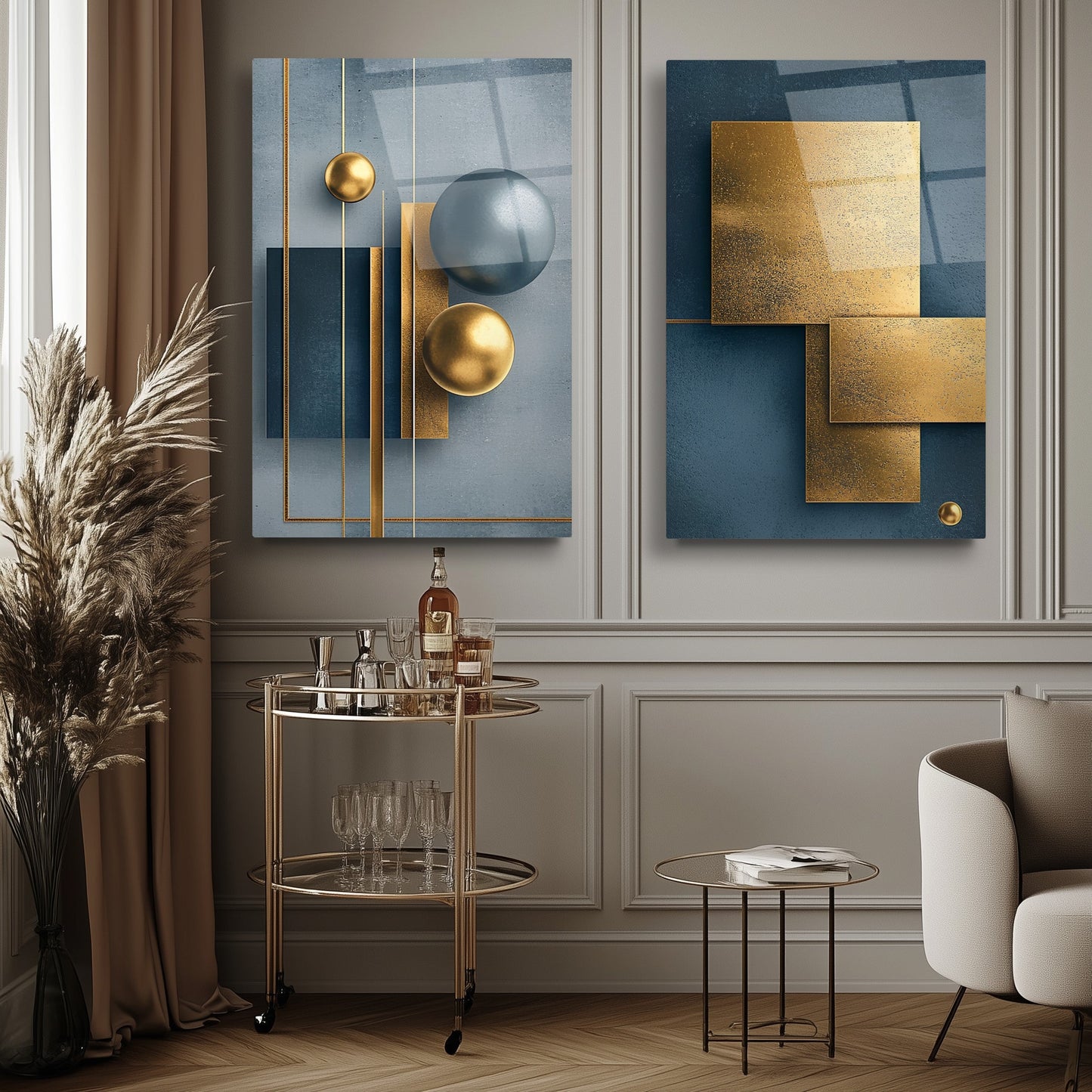 Soyut Gold Mavi İkili Set Cam Tablo