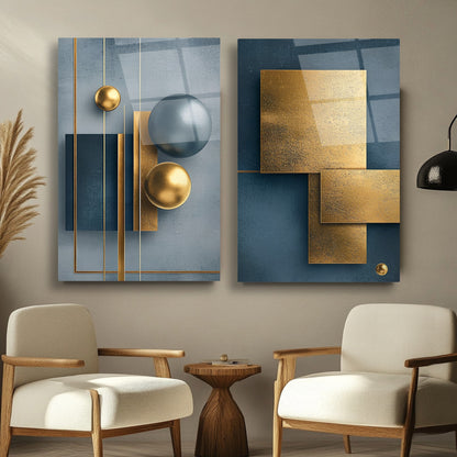 Soyut Gold Mavi İkili Set Cam Tablo