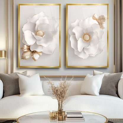 Gold Beyaz Çiçek İkili Set Cam Tablo