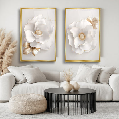 Gold Beyaz Çiçek İkili Set Cam Tablo