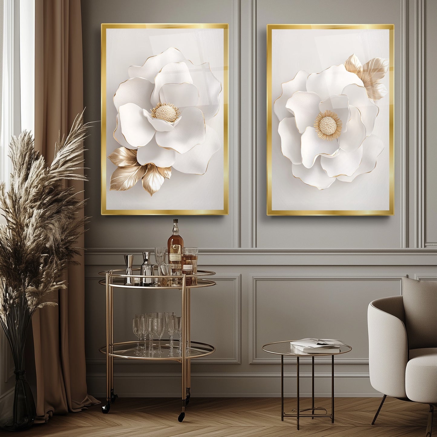 Gold Beyaz Çiçek İkili Set Cam Tablo