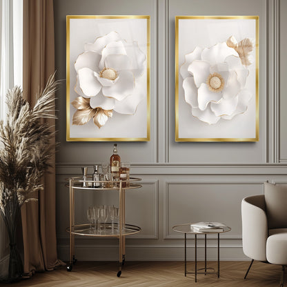 Gold Beyaz Çiçek İkili Set Cam Tablo