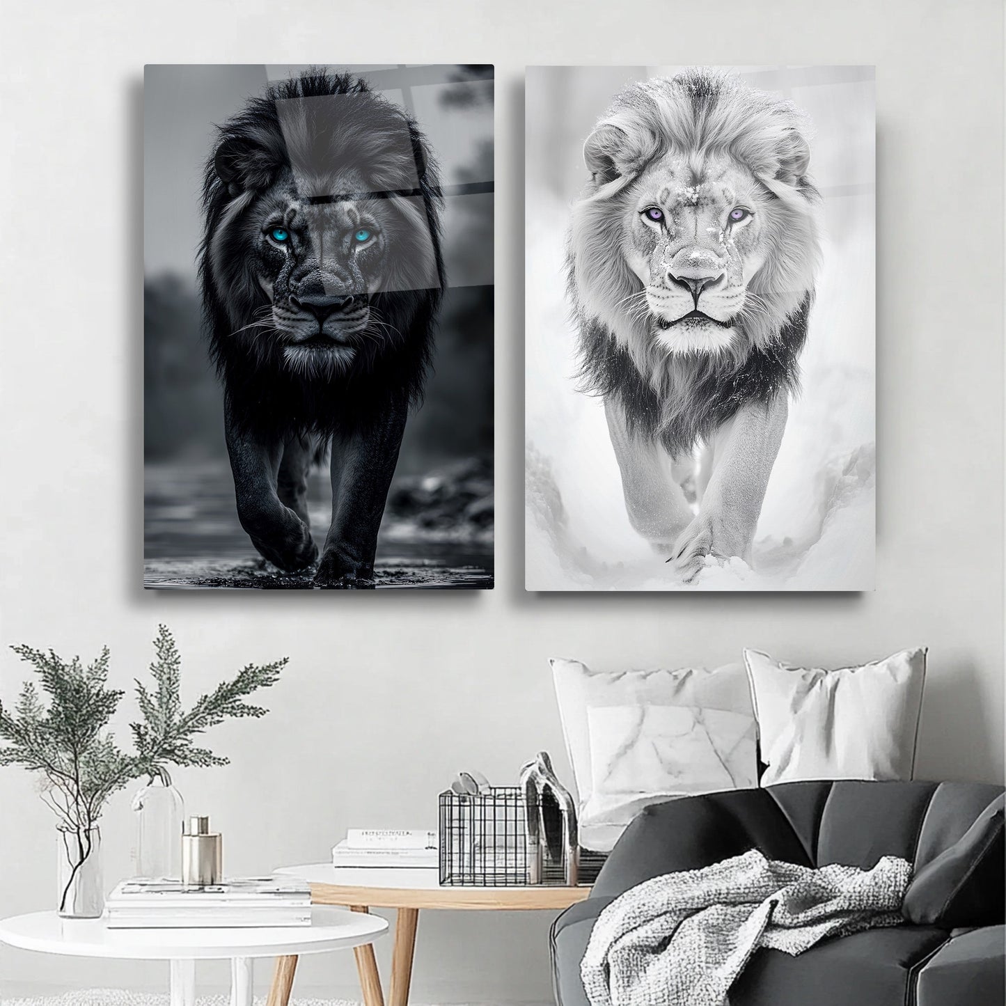 Siyah Beyaz Aslan İkili Set Cam Tablo