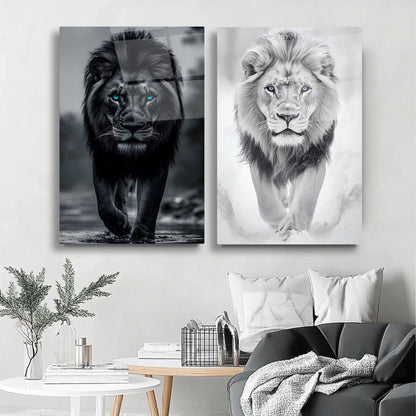 Siyah Beyaz Aslan İkili Set Cam Tablo