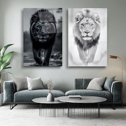 Siyah Beyaz Aslan İkili Set Cam Tablo