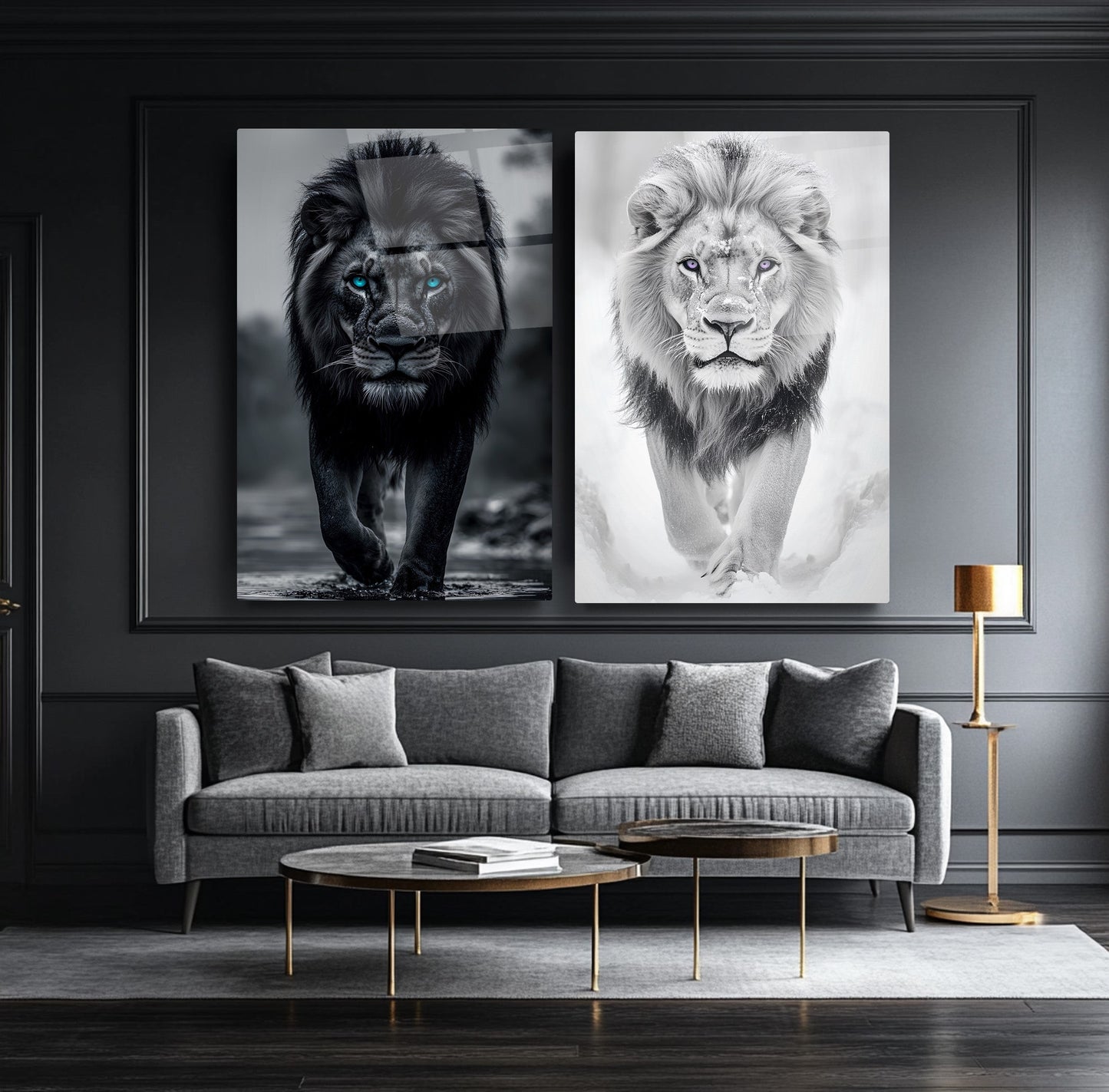 Siyah Beyaz Aslan İkili Set Cam Tablo