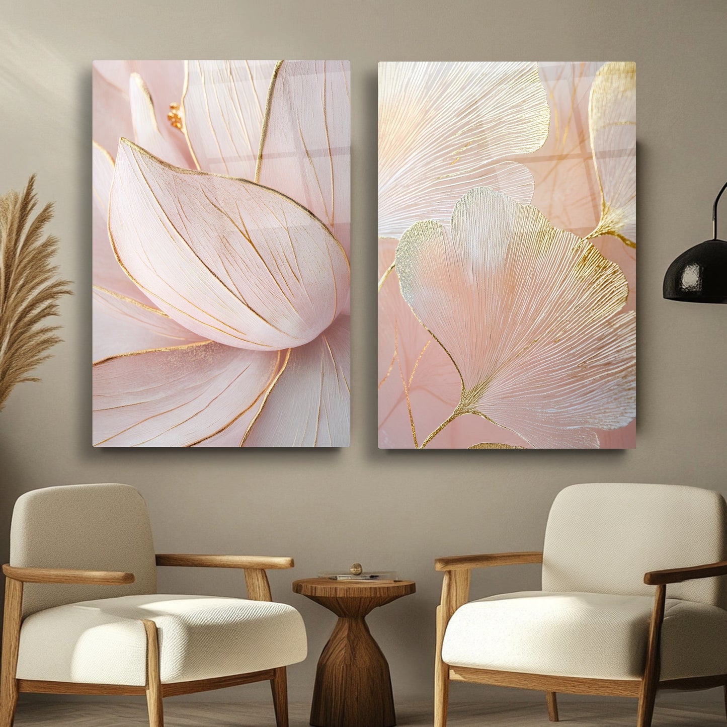 Pembe Gold Çiçekler İkili Set Cam Tablo