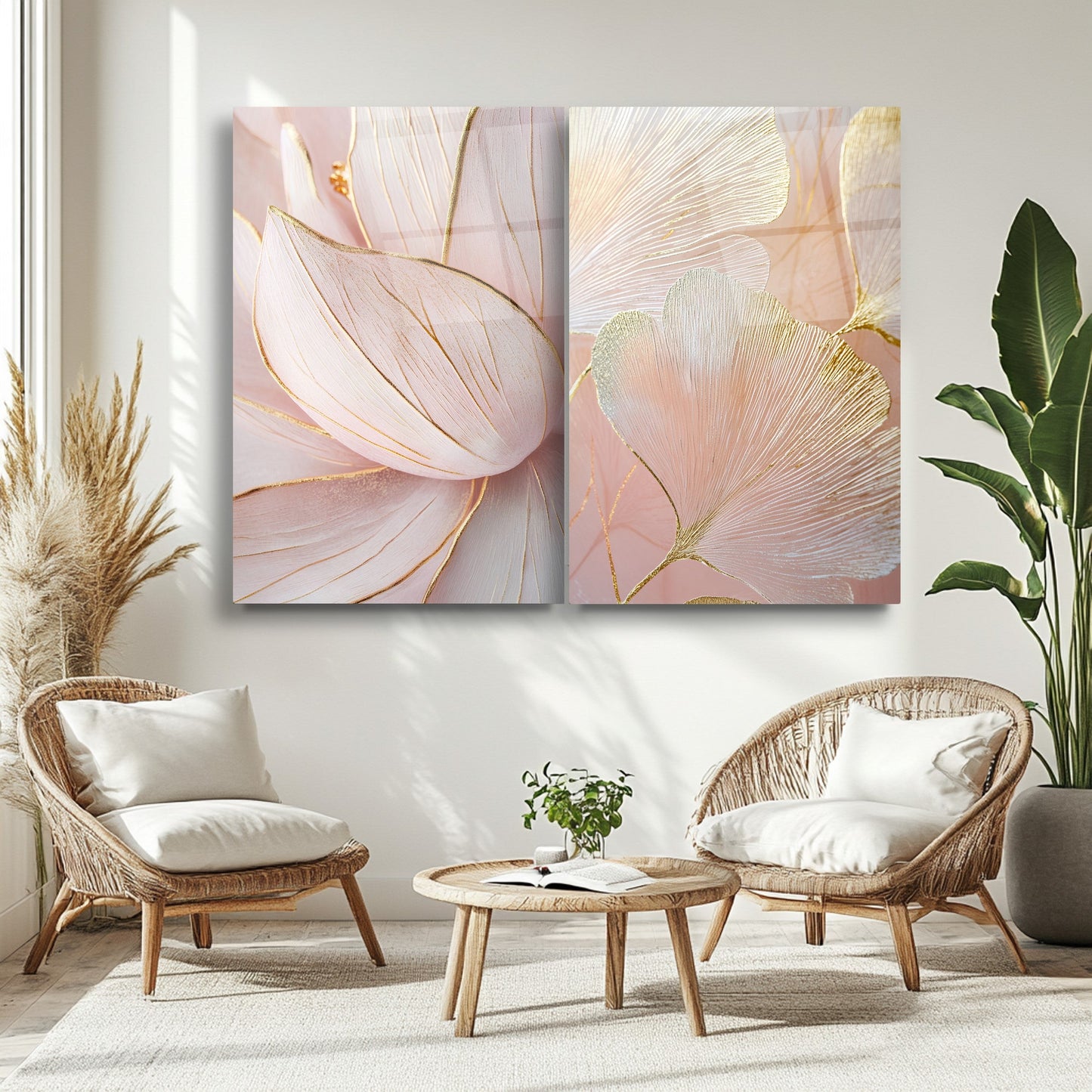 Pembe Gold Çiçekler İkili Set Cam Tablo