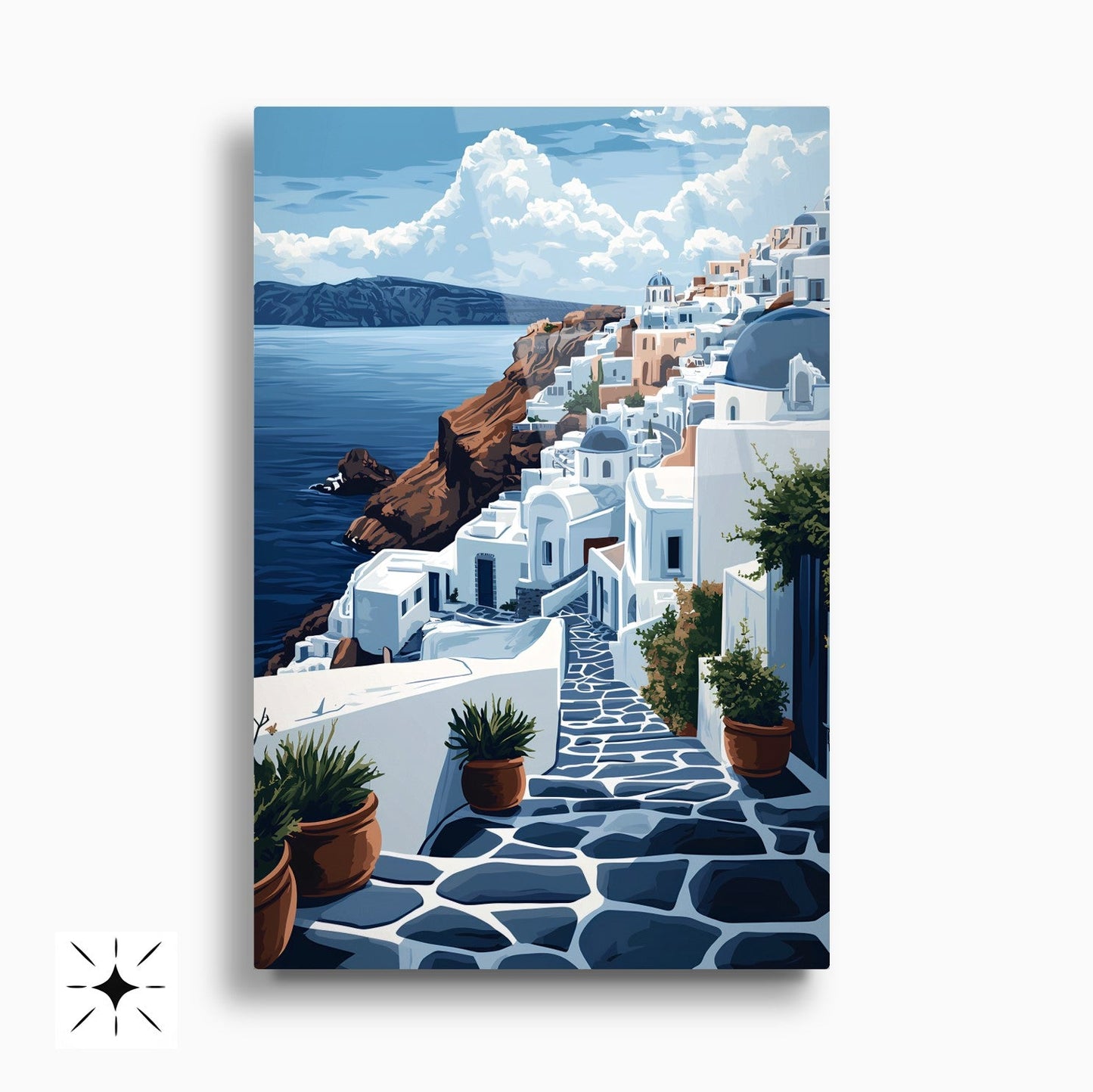 Santorini Deniz Manzarası İkili Set Cam Tablo