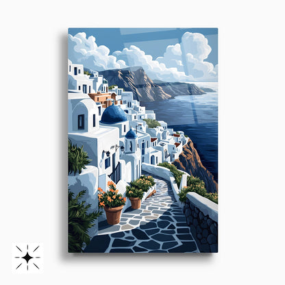 Santorini Deniz Manzarası İkili Set Cam Tablo