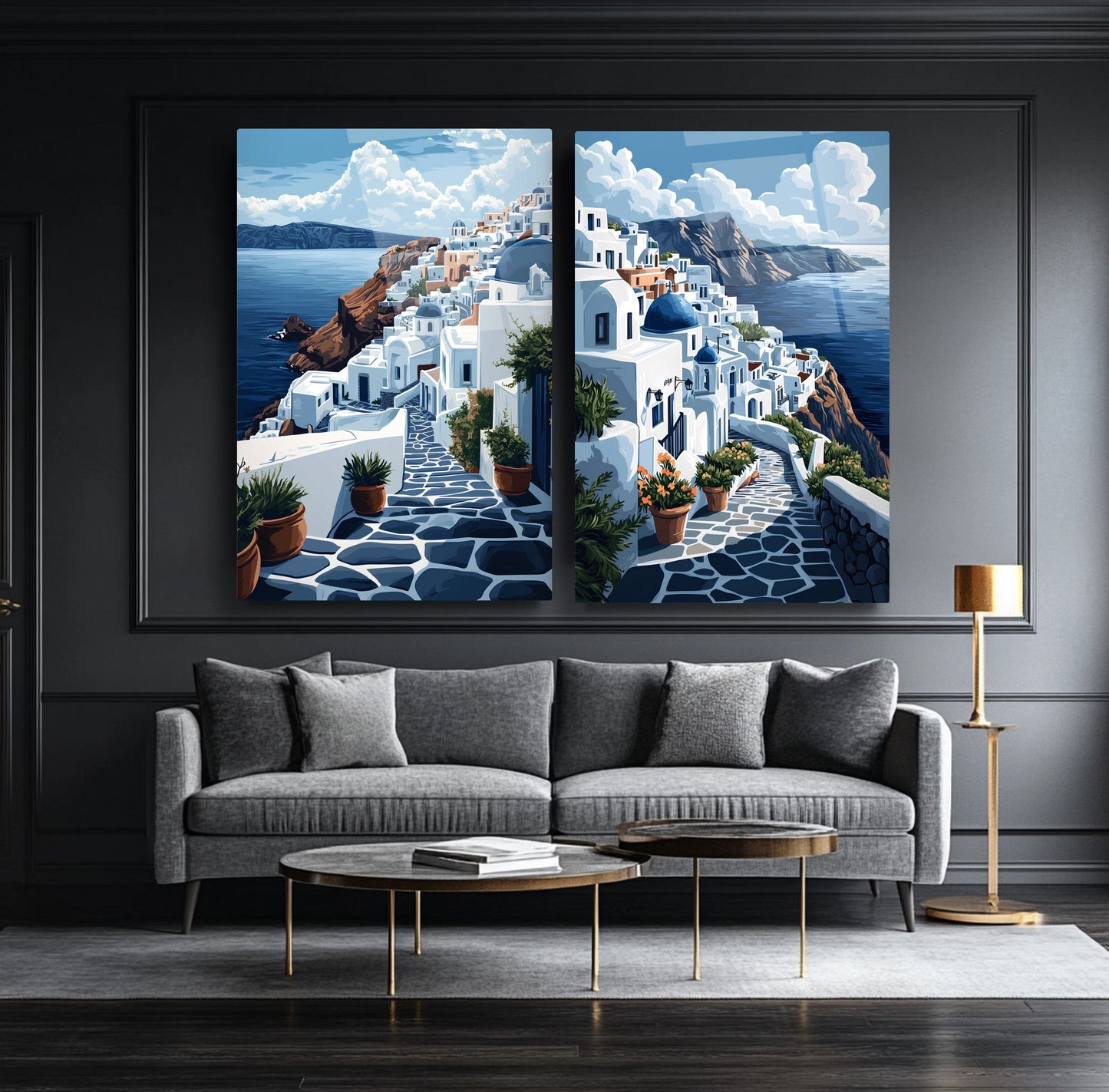 Santorini Deniz Manzarası İkili Set Cam Tablo