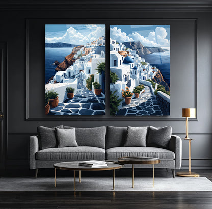 Santorini Deniz Manzarası İkili Set Cam Tablo