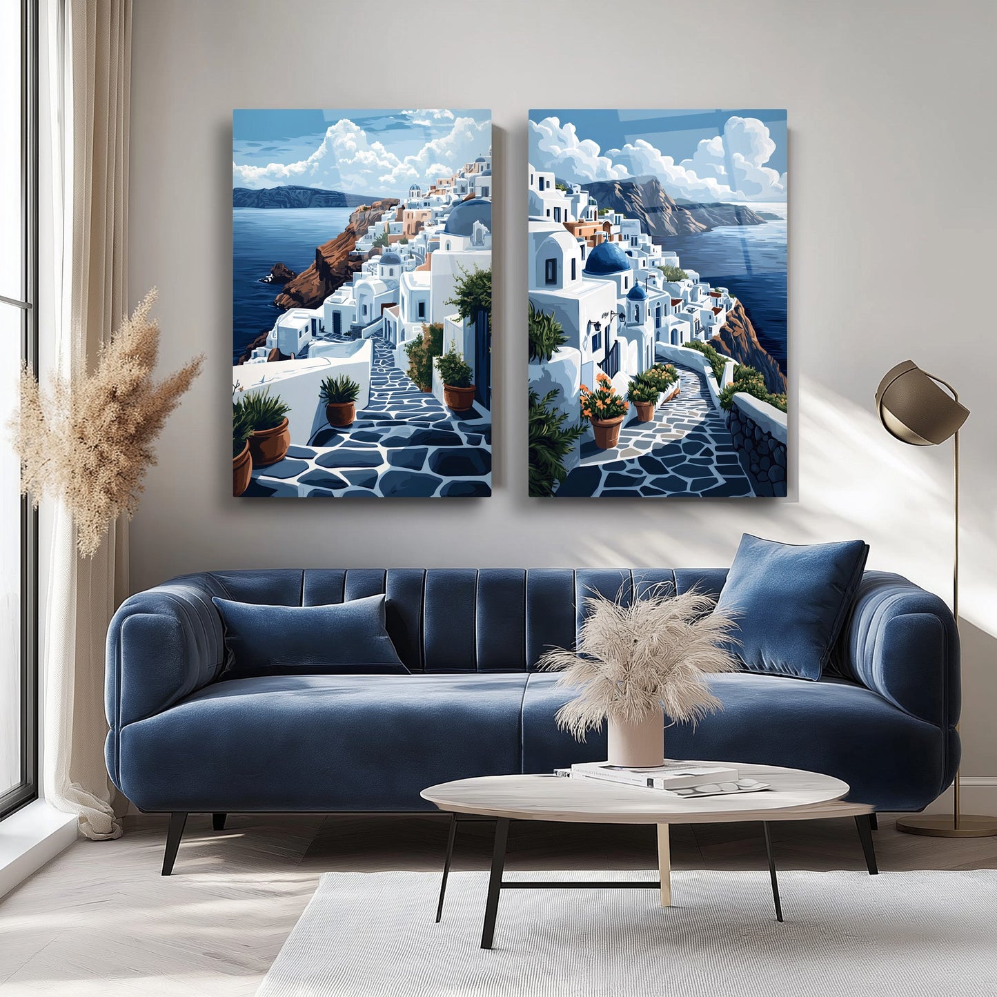 Santorini Deniz Manzarası İkili Set Cam Tablo