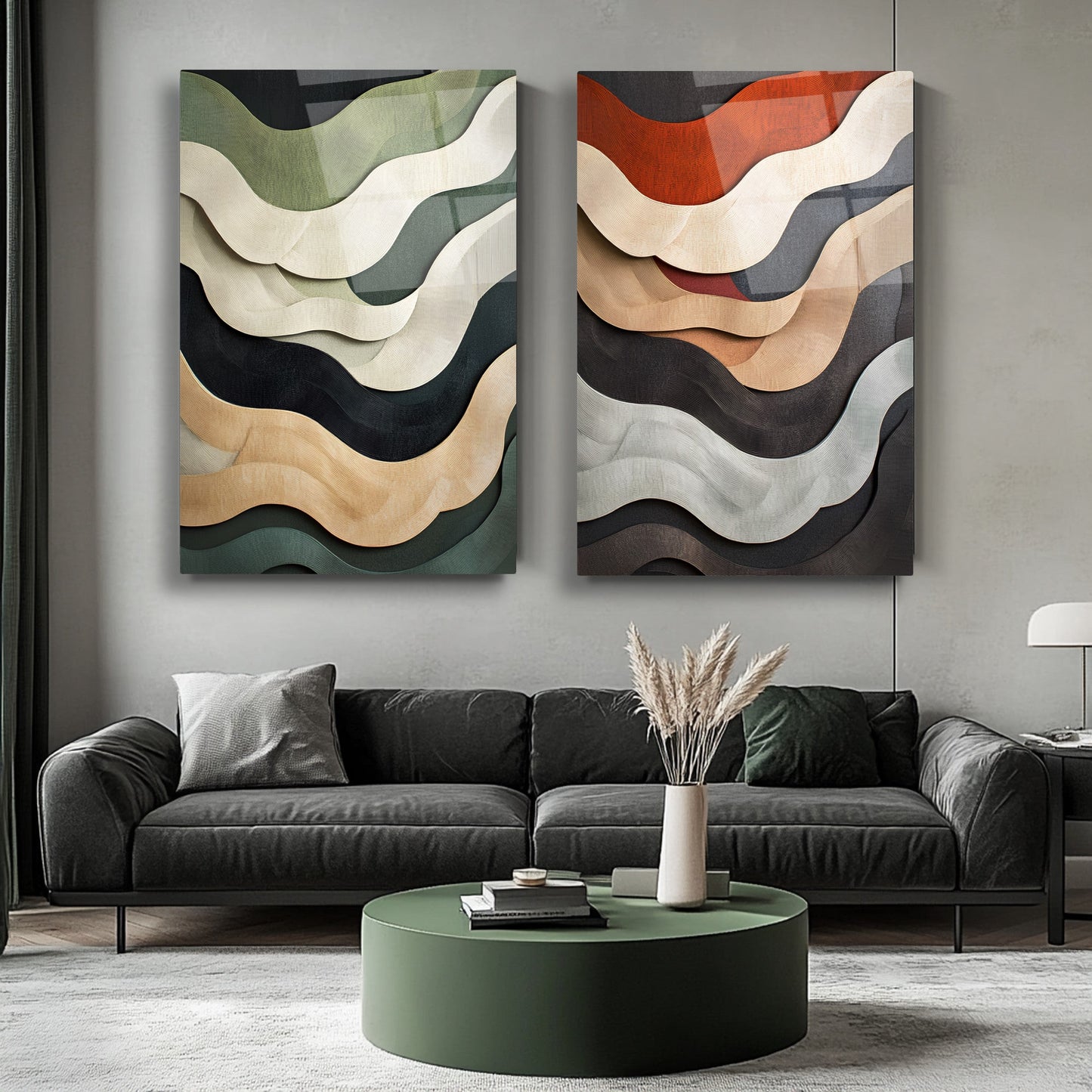 Renkli Soyut Dalgalar İkili Set Cam Tablo