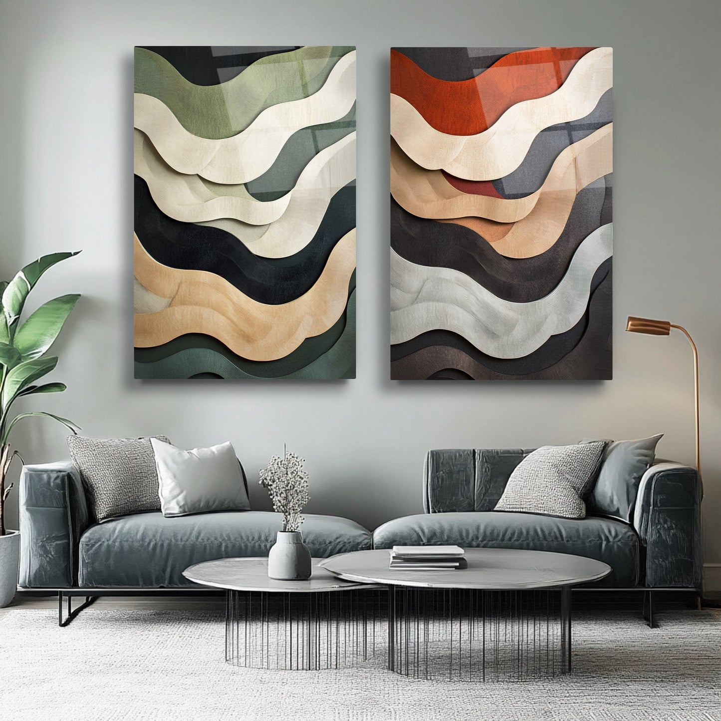 Renkli Soyut Dalgalar İkili Set Cam Tablo