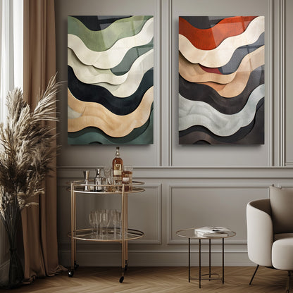 Renkli Soyut Dalgalar İkili Set Cam Tablo