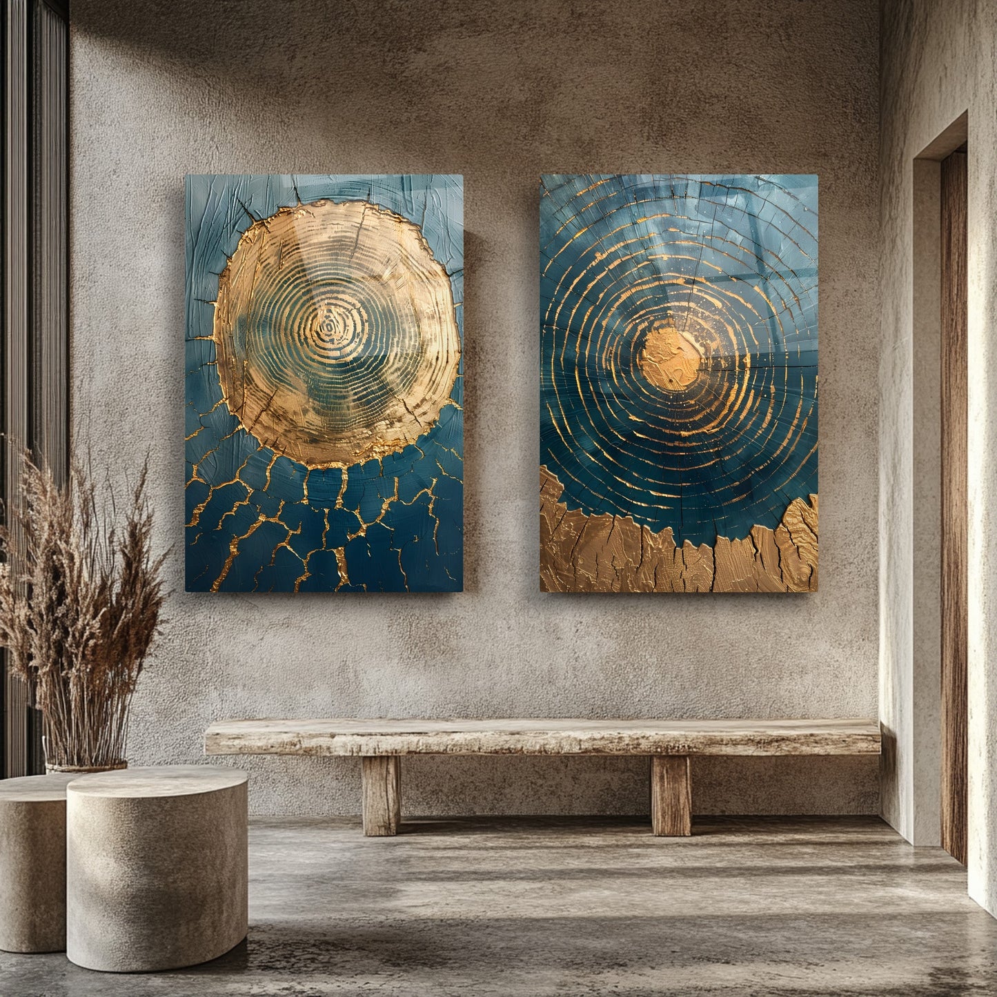 Soyut Mavi Gold İkili Set Cam Tablo