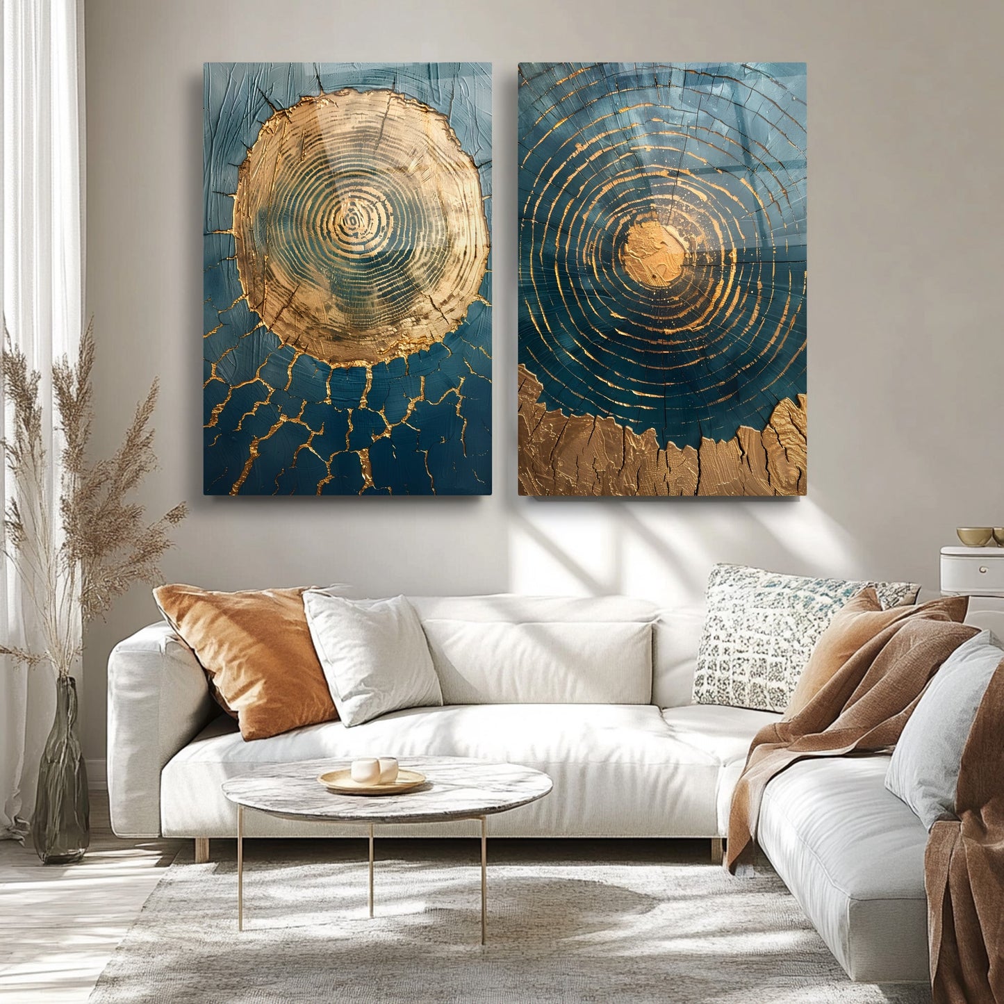 Soyut Mavi Gold İkili Set Cam Tablo