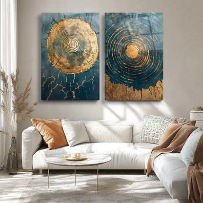 Soyut Mavi Gold İkili Set Cam Tablo