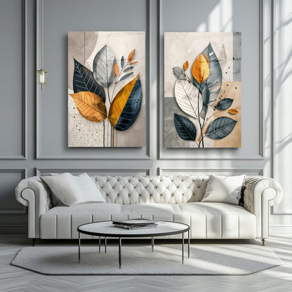 Renkli Soft Yapraklar İkili Set Cam Tablo