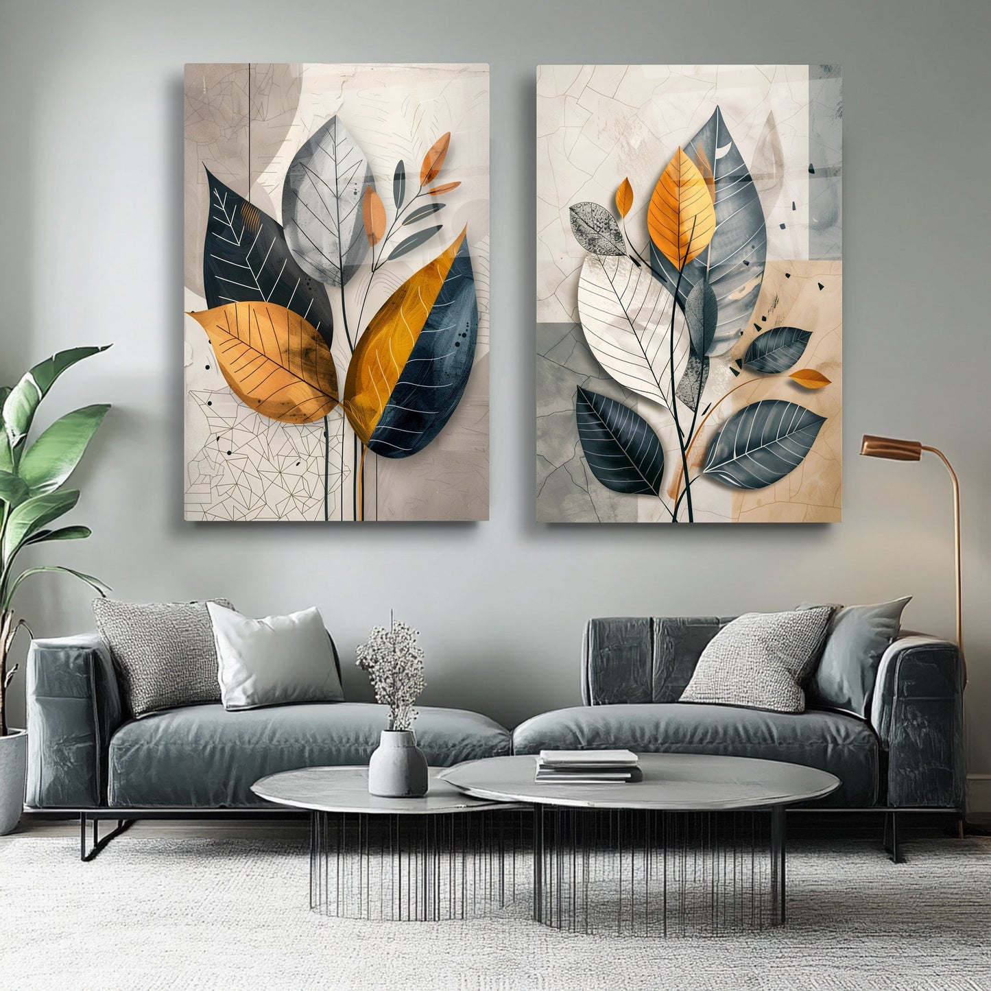 Renkli Soft Yapraklar İkili Set Cam Tablo