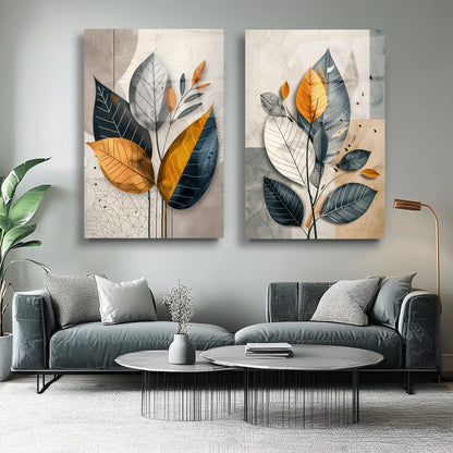 Renkli Soft Yapraklar İkili Set Cam Tablo