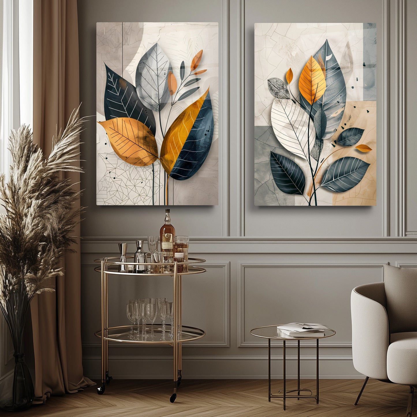 Renkli Soft Yapraklar İkili Set Cam Tablo