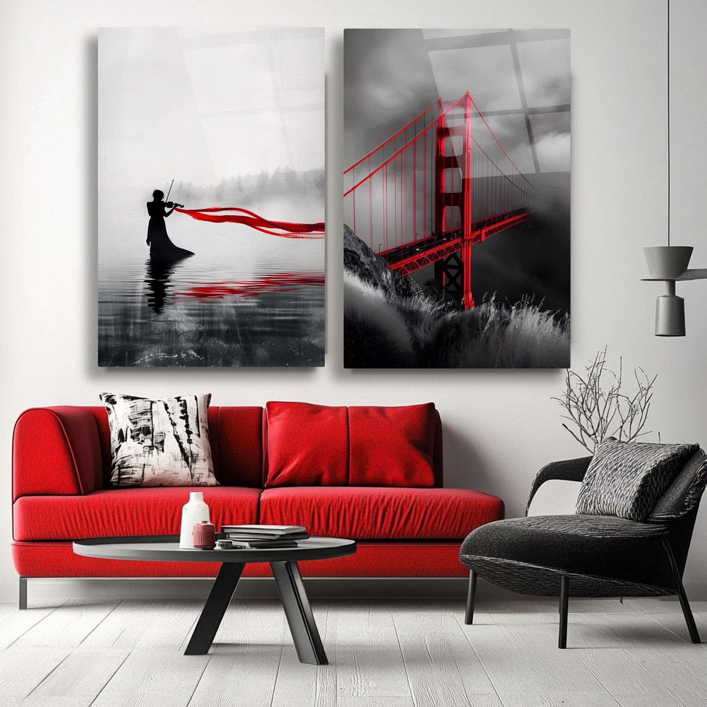 Kırmızı Detaylar İkili Set Cam Tablo