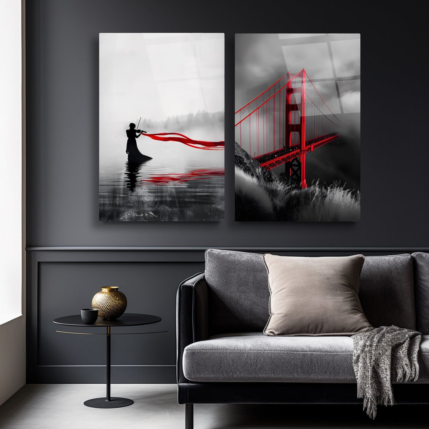 Kırmızı Detaylar İkili Set Cam Tablo