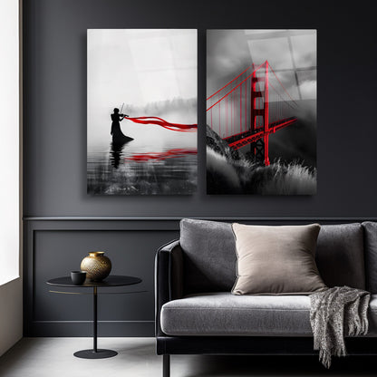 Kırmızı Detaylar İkili Set Cam Tablo