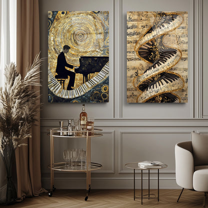 Gold Müzikli Tema İkili Set Cam Tablo