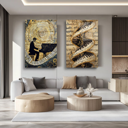 Gold Müzikli Tema İkili Set Cam Tablo