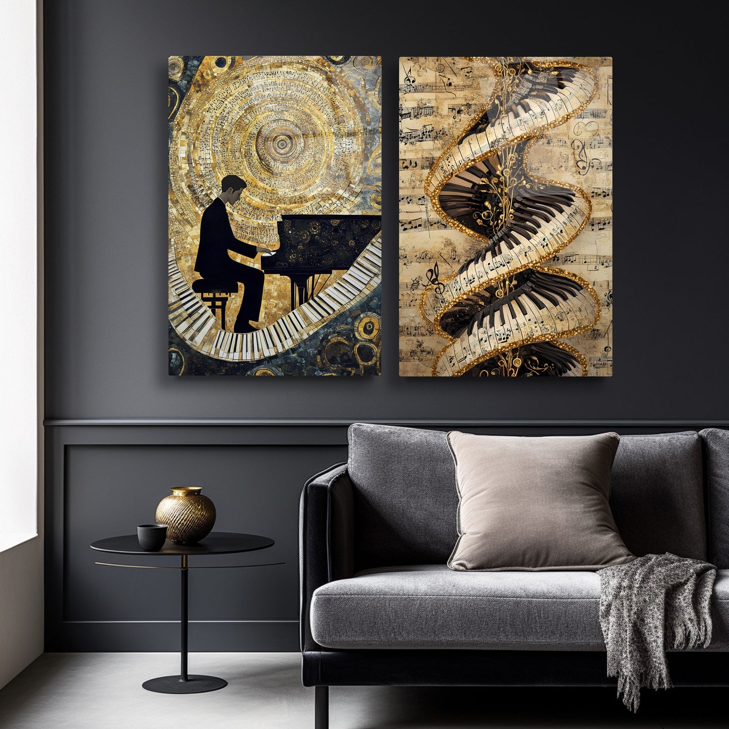 Gold Müzikli Tema İkili Set Cam Tablo