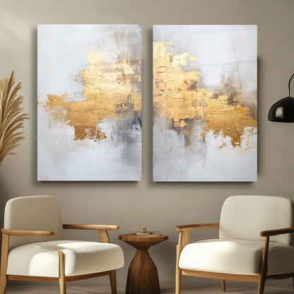 Soyut Gold İkili Set Cam Tablo