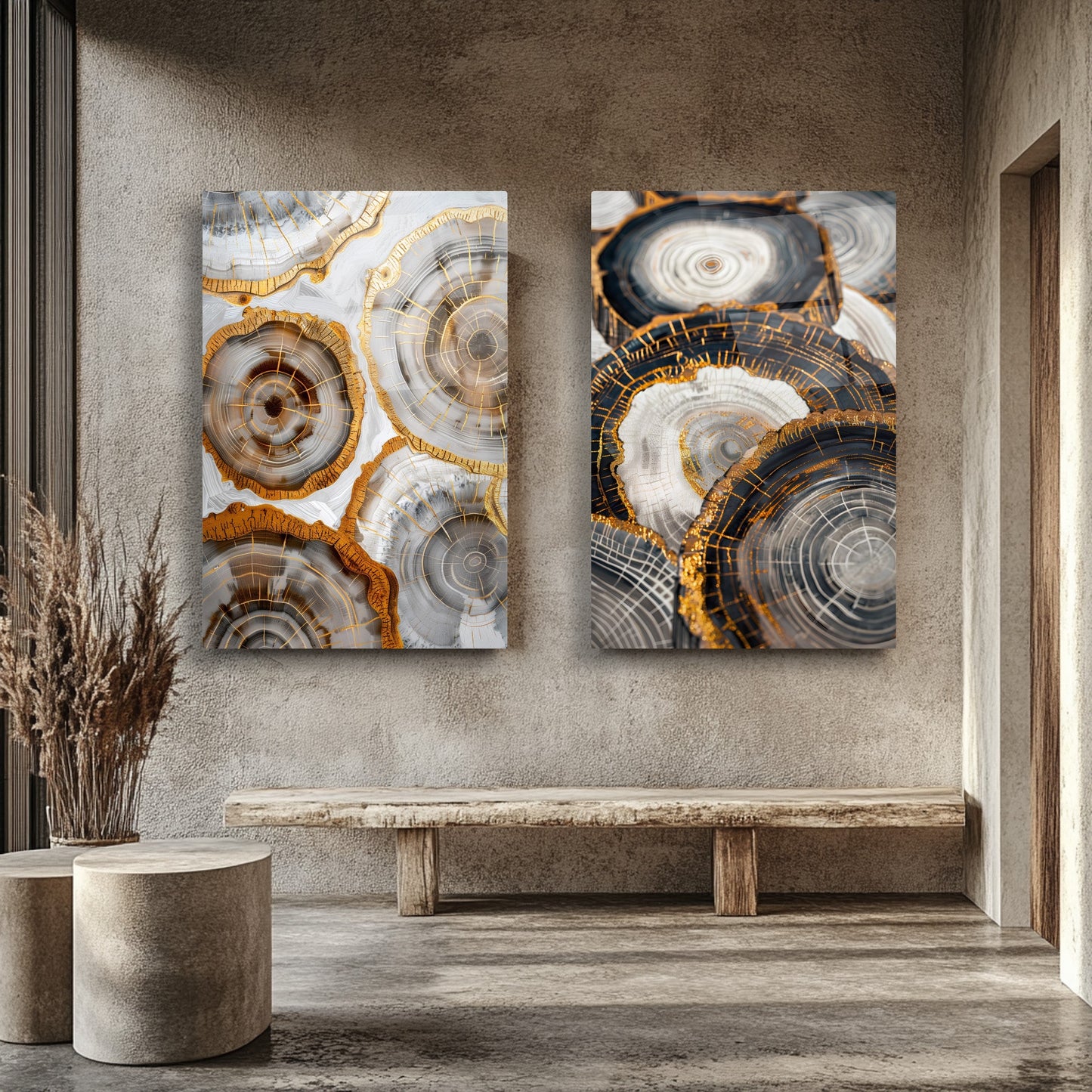 Gold Soyut Halkalar İkili Set Cam Tablo