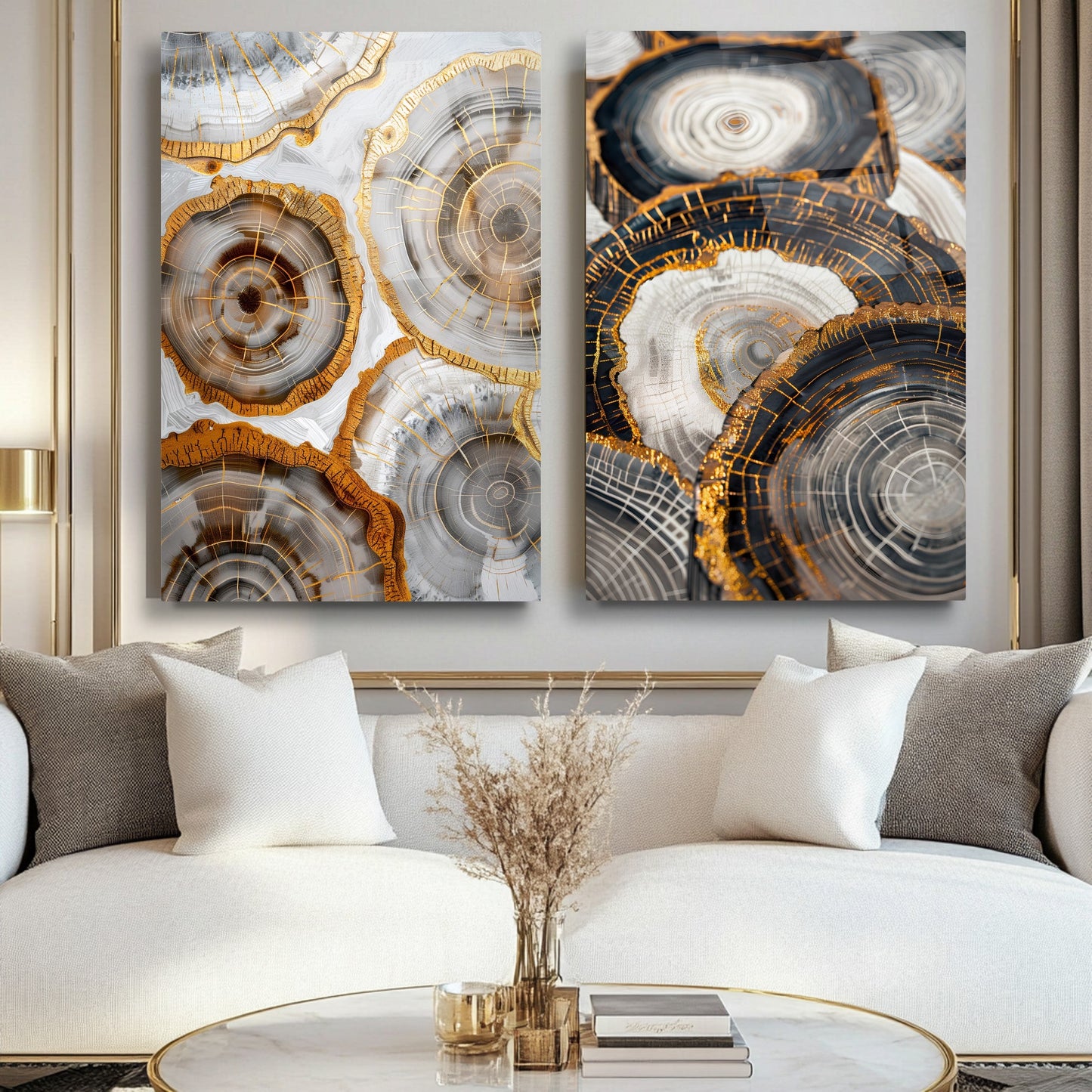 Gold Soyut Halkalar İkili Set Cam Tablo